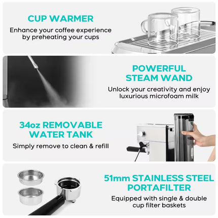 CM5418BASIC 2 Cup Stainless Steel Silver Espresso Machine with Space Saving Design
