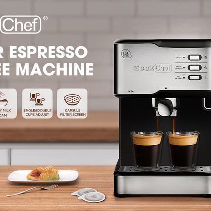 Geek Chef Espresso Machine, Espresso&Cappuccino Latte Maker 20 Bar Coffee Machine Compatible with ESE POD Capsules Filter&Milk Frother Steam Wand, 950W, 1.5L Water Tank,Ban on Amazon