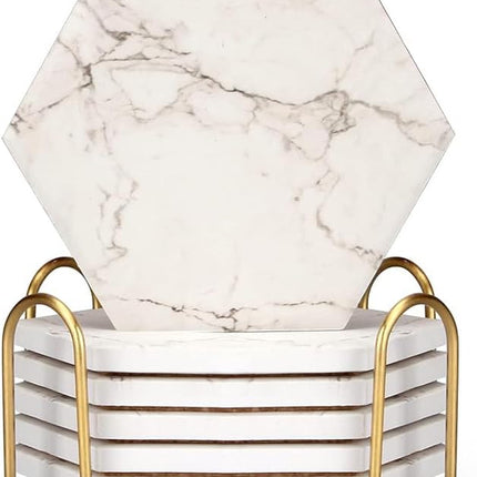 6 Pcs Cool Black Marble Coasters with Holder Hexagon Absorbent Coasters Modern Ceramic Coaster Set Best Stone Drink Coasters Beverage Coffee Table Cup Bar Coasters