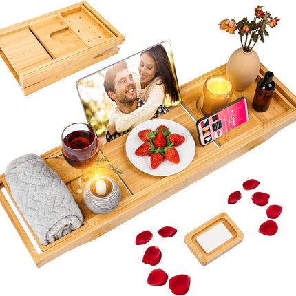 Foldable Bathtub Caddy Tray, Bamboo Bath Tub Tray Table for Tub with Wine Glass Holder Book Phone Tablet Holder with Extending Sides, Adjustable Bathroom Bathtub Free Soap Holder Gift Idea (Beige)