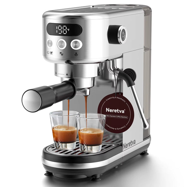 Compact 20 Bar Espresso Machine with LED Display & Milk Frother - Perfect for Home Baristas - Stainless Steel Finish