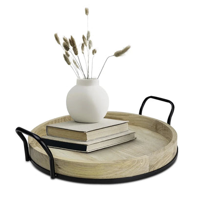 17-Inch round Light Wood and Metal Tray