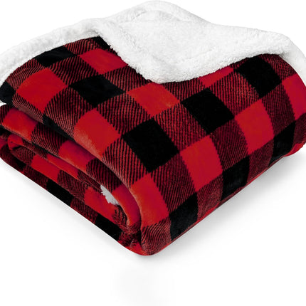 Black and Red Buffalo Plaid Sherpa Throw Blanket for Couch, Plush Red Black Checkered Fleece Blanket and Throws, Soft Fuzzy Flannel Blanket for Sofa Bed, Warm Cozy Winter Blanket Gift, 50X60