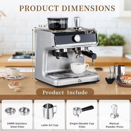 20 Bar, 1-Cup Silver Home Use Espresso Machine