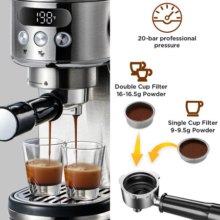 Compact 20 Bar Espresso Machine with LED Display & Milk Frother - Perfect for Home Baristas - Stainless Steel Finish