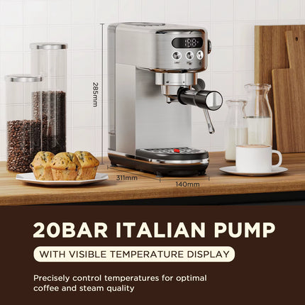Compact 20 Bar Espresso Machine with LED Display & Milk Frother - Perfect for Home Baristas - Stainless Steel Finish