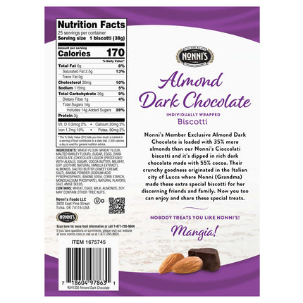 Nonni’s Almond Dark Chocolate Biscotti - 25 Count Delightful Treats
