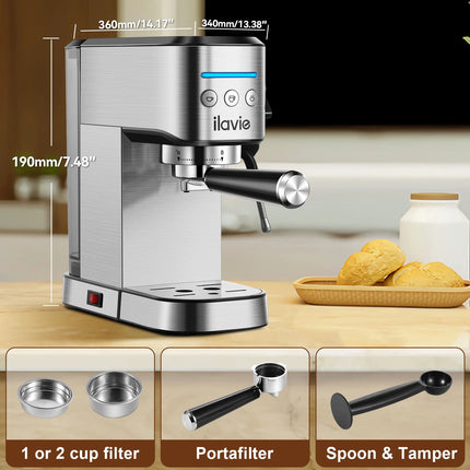 Espresso Machine Steel Silver, 20 Bar Coffee Espresso Maker with Milk Frother Steam Wand, 1L Water Reservoir, New