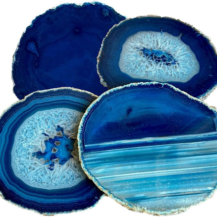 Natural Stone Coasters Set of 4 Blue Agate Crystal Coasters 3-3.5" for Drinks Slice Coaster Cup Mat Beverage Mother Gift