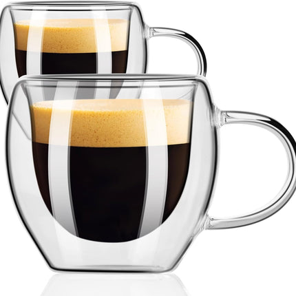 Espresso Cups Set of 2, Double Walled Espresso Shot Glass with Handle, 2.5 OZ Hi