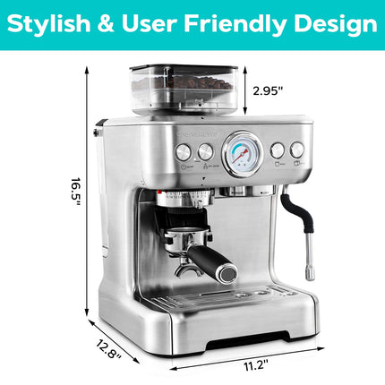 Espresso Machine with Grinder, Professional Espresso Coffee Maker with Milk Frother Steam Wand