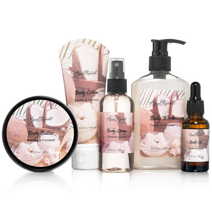 Spa Gift Baskets for Women - Luxury Bath Set with Coconut & Vanilla - Spa Kit Includes Body Wash, Bubble Bath, Lotion, Body Butter, Soap, Body Spray, Shower Puff, and Towel