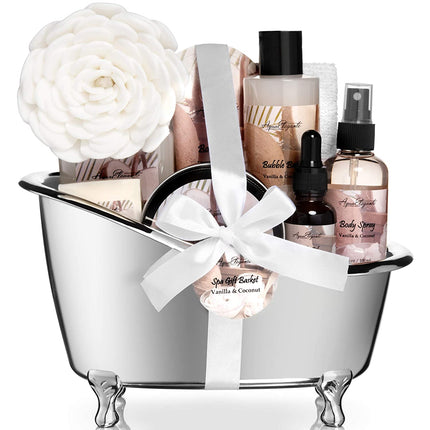 Spa Gift Baskets for Women - Luxury Bath Set with Coconut & Vanilla - Spa Kit Includes Body Wash, Bubble Bath, Lotion, Body Butter, Soap, Body Spray, Shower Puff, and Towel