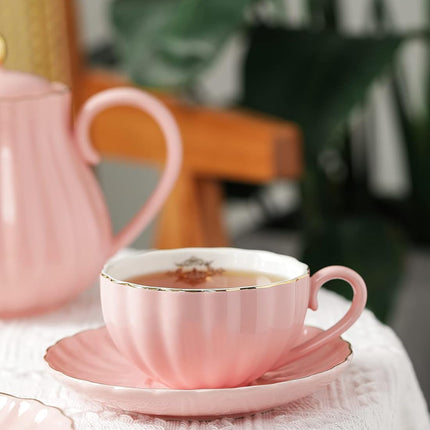 Royal Tea Cups and Saucers, with Gold Trim and Gift Box, British Coffee Cups, Tea Cup Set, Porcelain Tea Set, Cappuccino Cups, Latte Cups, Set of 6 (8 Oz)- Pink