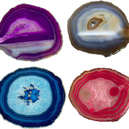 Natural Stone Coasters Set of 4 Blue Agate Crystal Coasters 3-3.5" for Drinks Slice Coaster Cup Mat Beverage Mother Gift