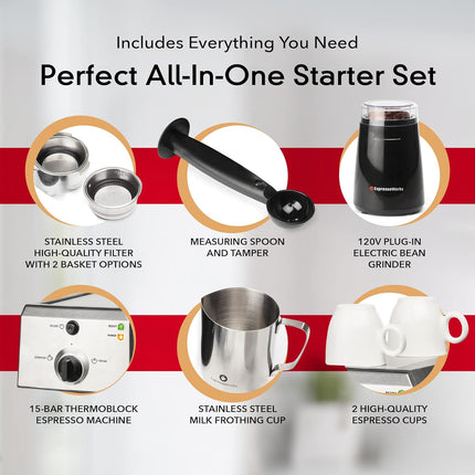 All-In-One Espresso Machine with Milk Frother 7-Piece Set - Latte Maker Includes Grinder, Frothing Pitcher, Cups, Spoon and Tamper - Coffee Gifts (Stainless Steel)