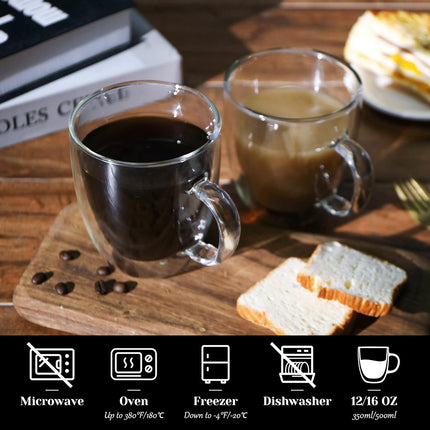 Double Wall Coffee Mug, 12Oz, Insulated Glass Coffee Cups Set of 2 Clear Espresso Cups with Handle, Perfect for Espresso, Cappuccino, Latte, Tea