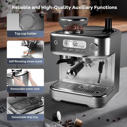Professional Espresso Machine with Integrated Grinder, LCD Display, and Advanced Milk Frother for Single and Double Serve Coffee