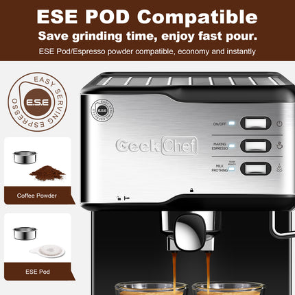 Geek Chef Espresso Machine, Espresso&Cappuccino Latte Maker 20 Bar Coffee Machine Compatible with ESE POD Capsules Filter&Milk Frother Steam Wand, 950W, 1.5L Water Tank,Ban on Amazon