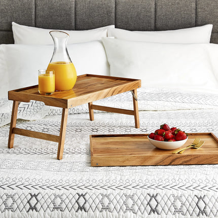 Acacia Wood Rectangular Bed Tray with Stand in Natural Finish Brown, One Size