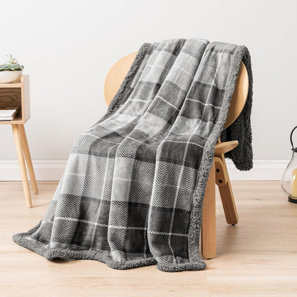 Light Grey Plaid Sherpa Throw Blanket for Couch Twin, Plush Flannel Fleece Blanket and Throws, Soft Fuzzy Cabin Blanket for Sofa Bed, Warm Cozy Winter Blanket Gift, 60X80
