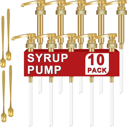 10 Packs Coffee Syrup Pump Dispenser,Fits 25.4 Oz/750Ml Coffee Flavoring Syrup Bottles,No Dripping, Fits Home & Coffee Bar Drinking Mixes,Free 4 Golden Spoons