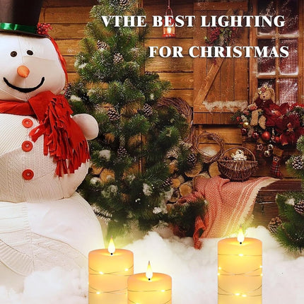 Flameless Candles with String Lights，Battery Operated Candles,Led Flickering Candles with Remote Control and Timer, Real Wax, 3 Pack-Ivory White