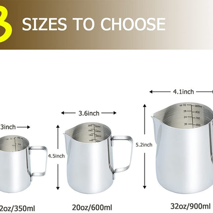 Stainless Steel Milk Frothing Pitcher 12 Oz, Espresso Steaming Pitcher with Decorating Pen for Espresso Machines, Cappuccino, Latte Art a Silver