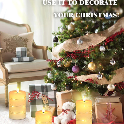Flameless Candles with String Lights，Battery Operated Candles,Led Flickering Candles with Remote Control and Timer, Real Wax, 3 Pack-Ivory White