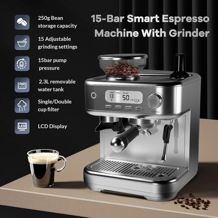 Professional Espresso Machine with Integrated Grinder, LCD Display, and Advanced Milk Frother for Single and Double Serve Coffee