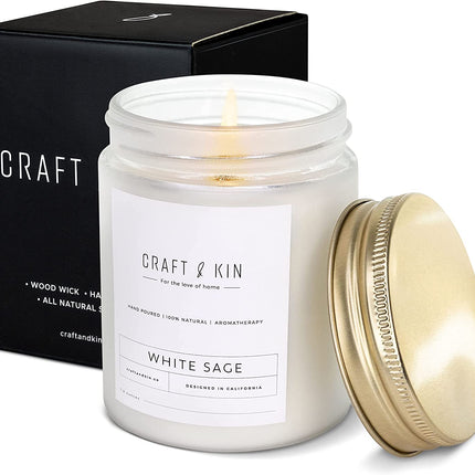 White Sage Scented Candle for Cleansing | 8 Oz 45 Hour Long Lasting | Classic Soy Candles Wood Wick | Made with Natural Soy | Gifts for Men and Women