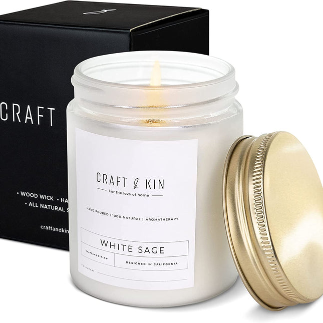 White Sage Scented Candle for Cleansing | 8 Oz 45 Hour Long Lasting | Classic Soy Candles Wood Wick | Made with Natural Soy | Gifts for Men and Women