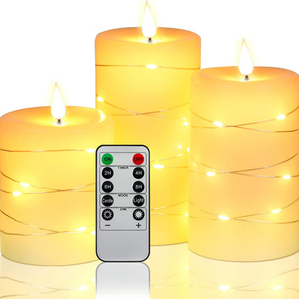 Flameless Candles with String Lights，Battery Operated Candles,Led Flickering Candles with Remote Control and Timer, Real Wax, 3 Pack-Ivory White