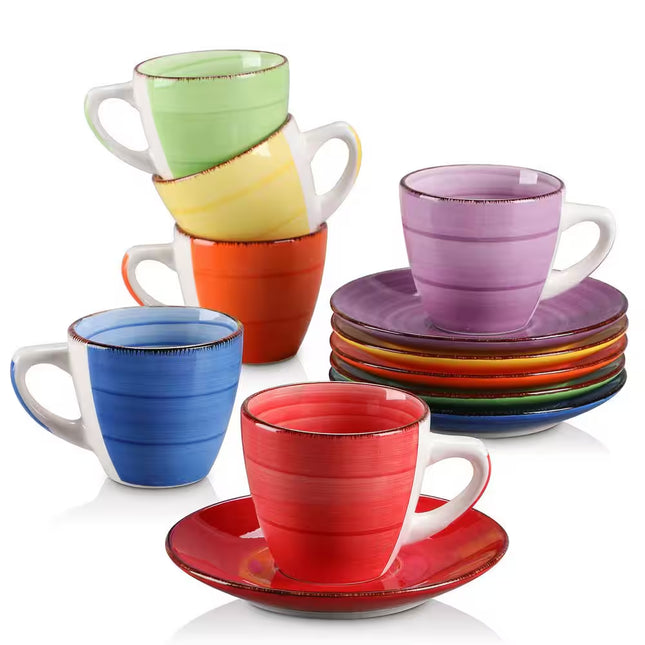 6 Oz. Assorted Colors Stoneware Coffee Cups and Coffee Saucers (Set for 6) Drinkware with 6-Coffee Cups 6-Coffee Saucers