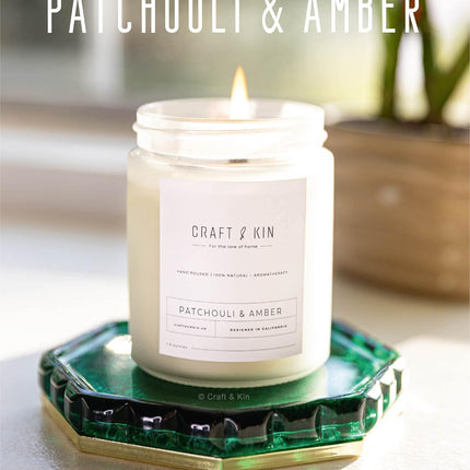Patchouli & Amber Scented Candle | 8 Oz 45 Hour Long Lasting | Classic Soy Candles Wood Wick | Made with Natural Soy | Gifts for Men and Women