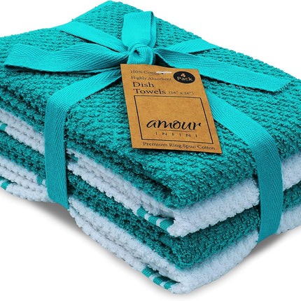 Kitchen Towels Set of 4 - Fast Absorbing, Quick Dry & Super Soft Terry Cotton Dish Towel with Hanging Loop for Cleaning and Drying Dish (16 X 26 Inches - Blue)