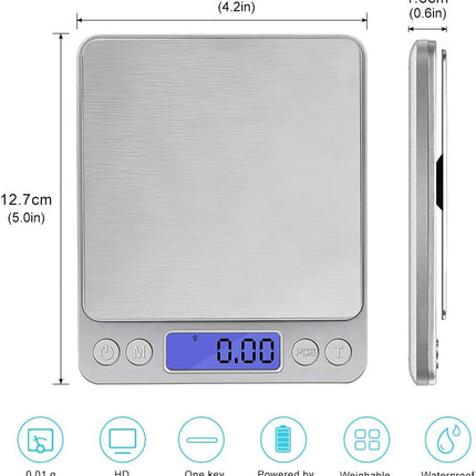 Digital Kitchen Scale, 500G/0.01G Small Pocket Jewelry Scale, Cooking Food Scale Weight Gram and Oz with Back-Lit LCD Display, 2 Trays, 6 Units, Auto Off, Tare, PCS Function, Stainless Steel