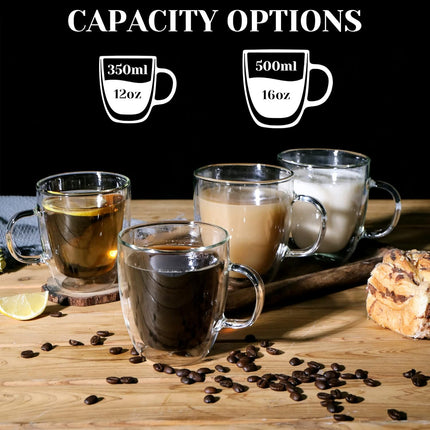 Double Wall Coffee Mug, 12Oz, Insulated Glass Coffee Cups Set of 2 Clear Espresso Cups with Handle, Perfect for Espresso, Cappuccino, Latte, Tea