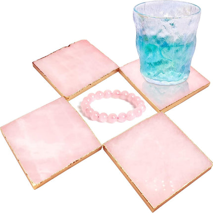 Rose Quartz Decor Coaster, Natural Pink Crystal Coasters Gold Edge Set of 4 (Square 3.5''-4)