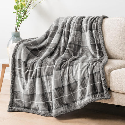 Light Grey Plaid Sherpa Throw Blanket for Couch Twin, Plush Flannel Fleece Blanket and Throws, Soft Fuzzy Cabin Blanket for Sofa Bed, Warm Cozy Winter Blanket Gift, 60X80