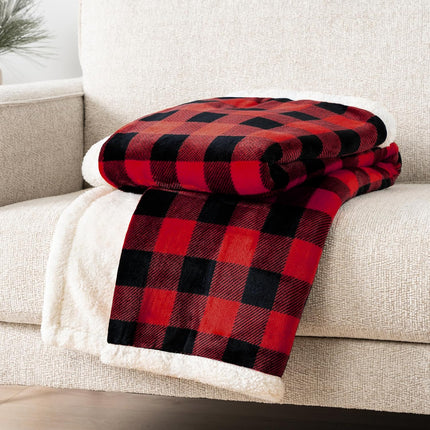 Black and Red Buffalo Plaid Sherpa Throw Blanket for Couch, Plush Red Black Checkered Fleece Blanket and Throws, Soft Fuzzy Flannel Blanket for Sofa Bed, Warm Cozy Winter Blanket Gift, 50X60