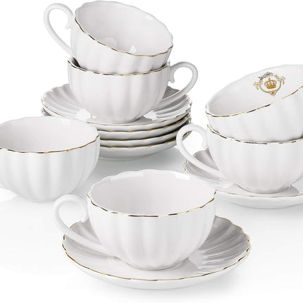 Royal Tea Cups and Saucers, with Gold Trim and Gift Box, British Coffee Cups, Tea Cup Set, Porcelain Tea Set, Cappuccino Cups, Latte Cups, Set of 6 (8 Oz)- Pink