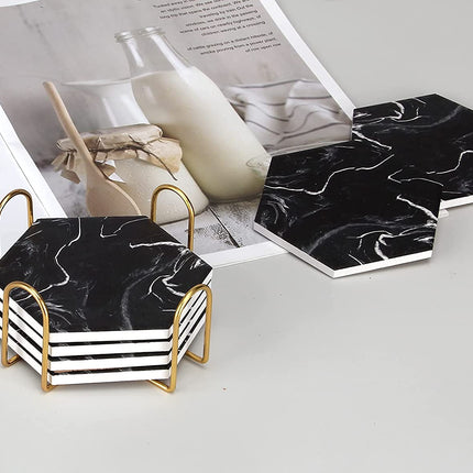 6 Pcs Cool Black Marble Coasters with Holder Hexagon Absorbent Coasters Modern Ceramic Coaster Set Best Stone Drink Coasters Beverage Coffee Table Cup Bar Coasters