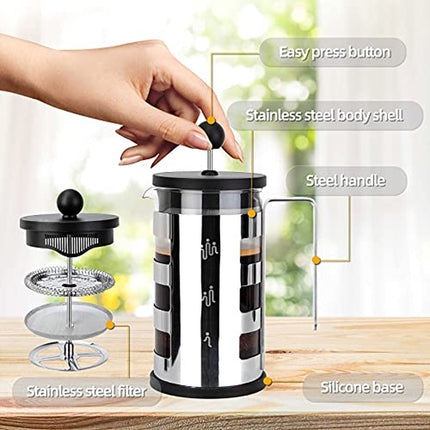 French Press Cafetiere 4 Cups, Stainless Steel Body Shell Coffee Maker- Heat Resistant - Stainless Steel Filter Coffee Press for Coffee Lover, Silver, 350 Ml & 600Ml