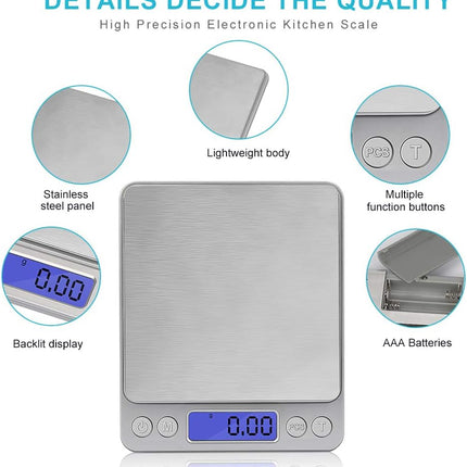 Digital Kitchen Scale, 500G/0.01G Small Pocket Jewelry Scale, Cooking Food Scale Weight Gram and Oz with Back-Lit LCD Display, 2 Trays, 6 Units, Auto Off, Tare, PCS Function, Stainless Steel