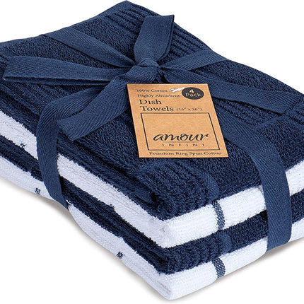 Kitchen Towels Set of 4 - Fast Absorbing, Quick Dry & Super Soft Terry Cotton Dish Towel with Hanging Loop for Cleaning and Drying Dish (16 X 26 Inches - Blue)