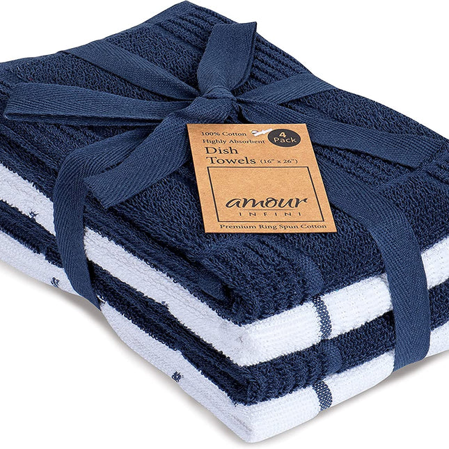 Kitchen Towels Set of 4 - Fast Absorbing, Quick Dry & Super Soft Terry Cotton Dish Towel with Hanging Loop for Cleaning and Drying Dish (16 X 26 Inches - Blue)