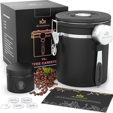Coffee Canister Set for Ground Coffee with Date Tracker,Co2 Valve,Travel Jar,Stainless Steel Kitchen Food Airtight Storage Container for Coffee Beans or Grounds,Tea,Sugar (16Oz-Black)