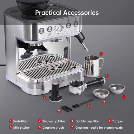 Espresso Coffee Machine 15 Bar with Grinding Coffee Filter Milk Frother, Automatic Coffee Maker for Home
