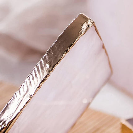 Rose Quartz Decor Coaster, Natural Pink Crystal Coasters Gold Edge Set of 4 (Square 3.5''-4)